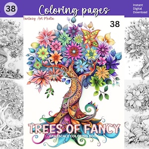 Trees of Fancy Coloring Pages, 38 Printable Adult Grayscale Fantasy Nature / Flowers / Floral Book, Instant Download Printable PDF/JPG file