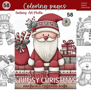 May include: A digital colouring book cover titled Simple Whimsy Christmas featuring a central illustration of a gnome in a red hat and beard sitting on a fireplace mantle with gifts, surrounded by four smaller black and white line art drawings.