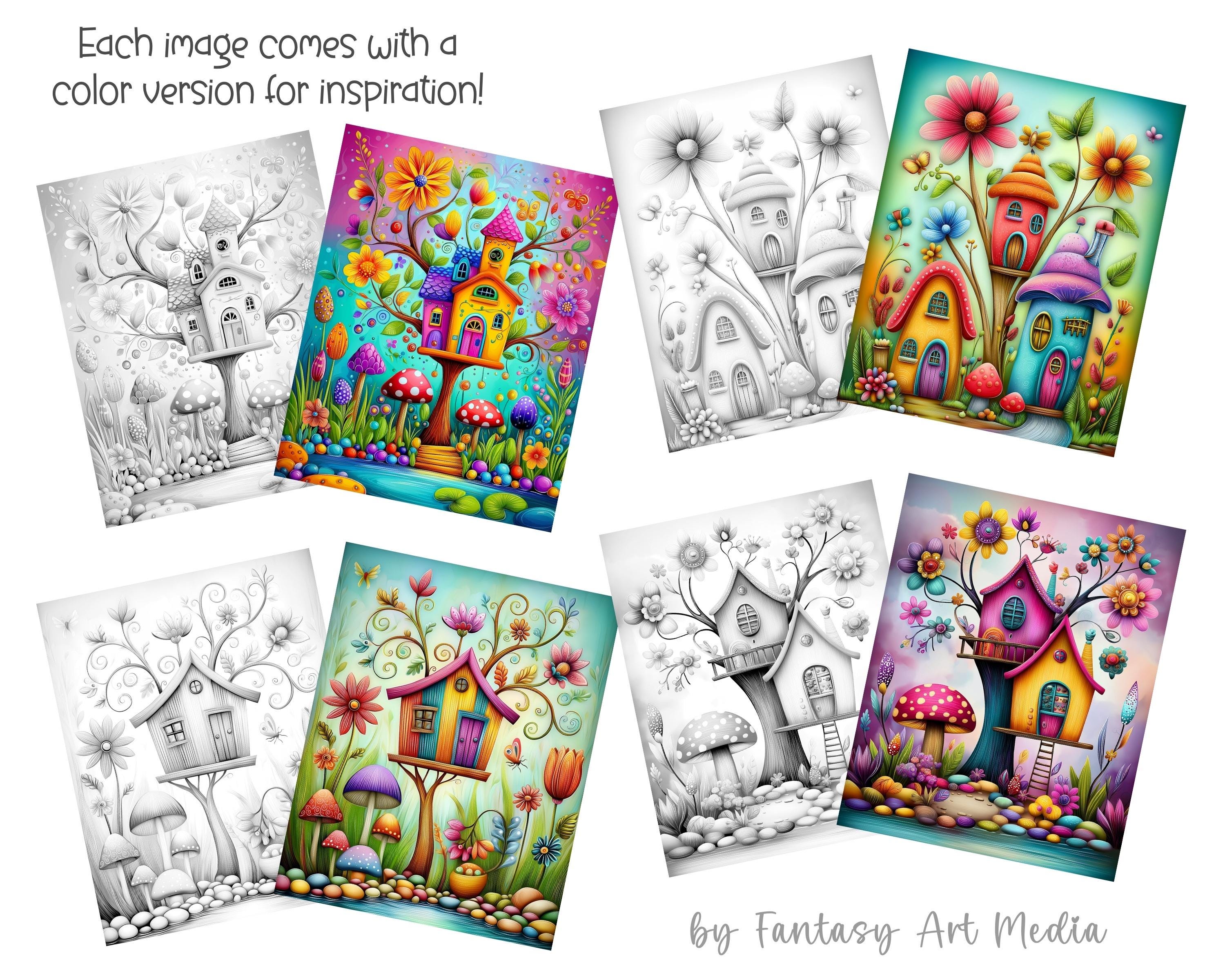 Grayscale Coloring Pages Fantasy Fun Treehouses Whimsical Printable ...
