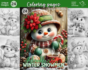 Könnte beinhalten: Ein digitales Malbuchcover mit einem farbenfrohen Schneemann, einer roten Poinsettie und einer Zuckerstange. Der Text lautet "Adorable Winter Snowmen Grayscale Coloring Book". Der Text "Unique Designs 24" ist ebenfalls enthalten.
