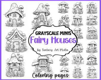 May include: A set of 16 grayscale coloring pages featuring miniature fairy houses. Each page depicts a unique and whimsical design of a fairy house, with intricate details and whimsical elements. The pages are perfect for coloring enthusiasts of all ages.