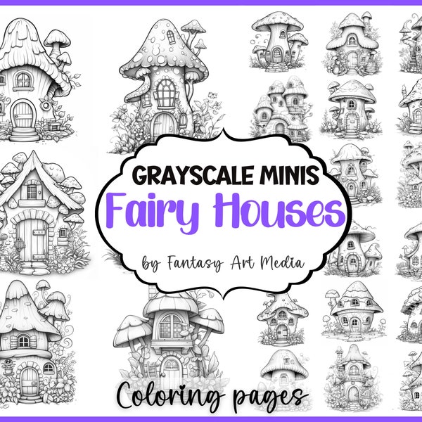 Grayscale Minis "Fairy Houses" Coloring Pages, Printable Adult Small Colouring Book, Instant Download Tiny Mushrooms Printable PDF/JPG files