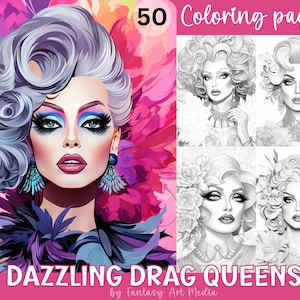 Dazzling Drag Queens - 50 Gorgeous Grayscale Women Coloring Pages | Printable Diverse Adult Coloring Book | Instant Download PDF / JPG files