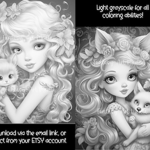 May include: A black and white coloring page featuring a young girl with long hair and a flower crown, holding a small kitten. The girl is wearing a floral dress and has large eyes. The background is a floral design. The text "Light grayscale for all coloring abilities!" is at the top of the page.
