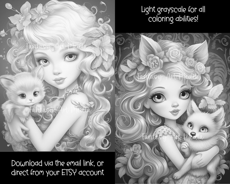 May include: A black and white coloring page featuring a young girl with long hair and a flower crown, holding a small kitten. The girl is wearing a floral dress and has large eyes. The background is a floral design. The text "Light grayscale for all coloring abilities!" is at the top of the page.