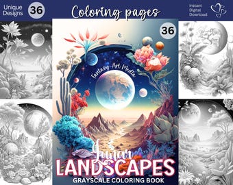 36 láminas para colorear de paisajes lunares / Libro para colorear imprimible para adultos con planetas espaciales fantásticos en escala de grises, descarga instantánea de archivos PDF/JPG imprimibles