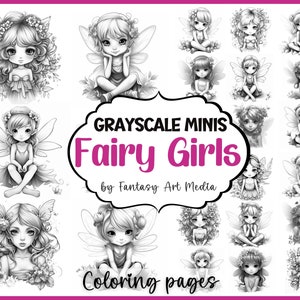Puede incluir: Ilustraciones en escala de grises de hadas en varias poses, con alas detalladas, detalles florales y cabello suelto. La imagen incluye el texto "Grayscale Minis Fairy Girls Coloring pages by Fantasy Art Media."