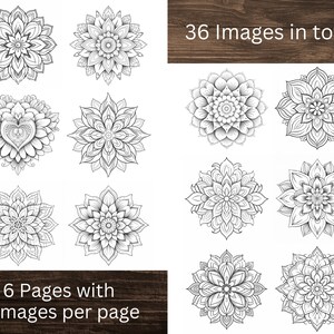 May include: A set of 36 black and white mandala designs, ideal for colouring. The designs are intricate and detailed, and would be a great addition to any colouring book.