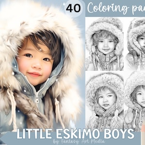 Puede incluir: 40 páginas para colorear con ilustraciones de niños pequeños que llevan abrigos de invierno con capuchas de piel. La imagen de portada muestra a un niño con una cálida sonrisa mirando directamente al espectador. El título "LITTLE ESKIMO BOYS" está impreso debajo de la imagen.