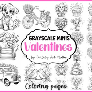 Minis pages à colorier « Saint-Valentin » en niveaux de gris, livre de coloriage adulte petits coeurs amour imprimable, téléchargement immédiat de minuscules fichiers PDF/JPG imprimables