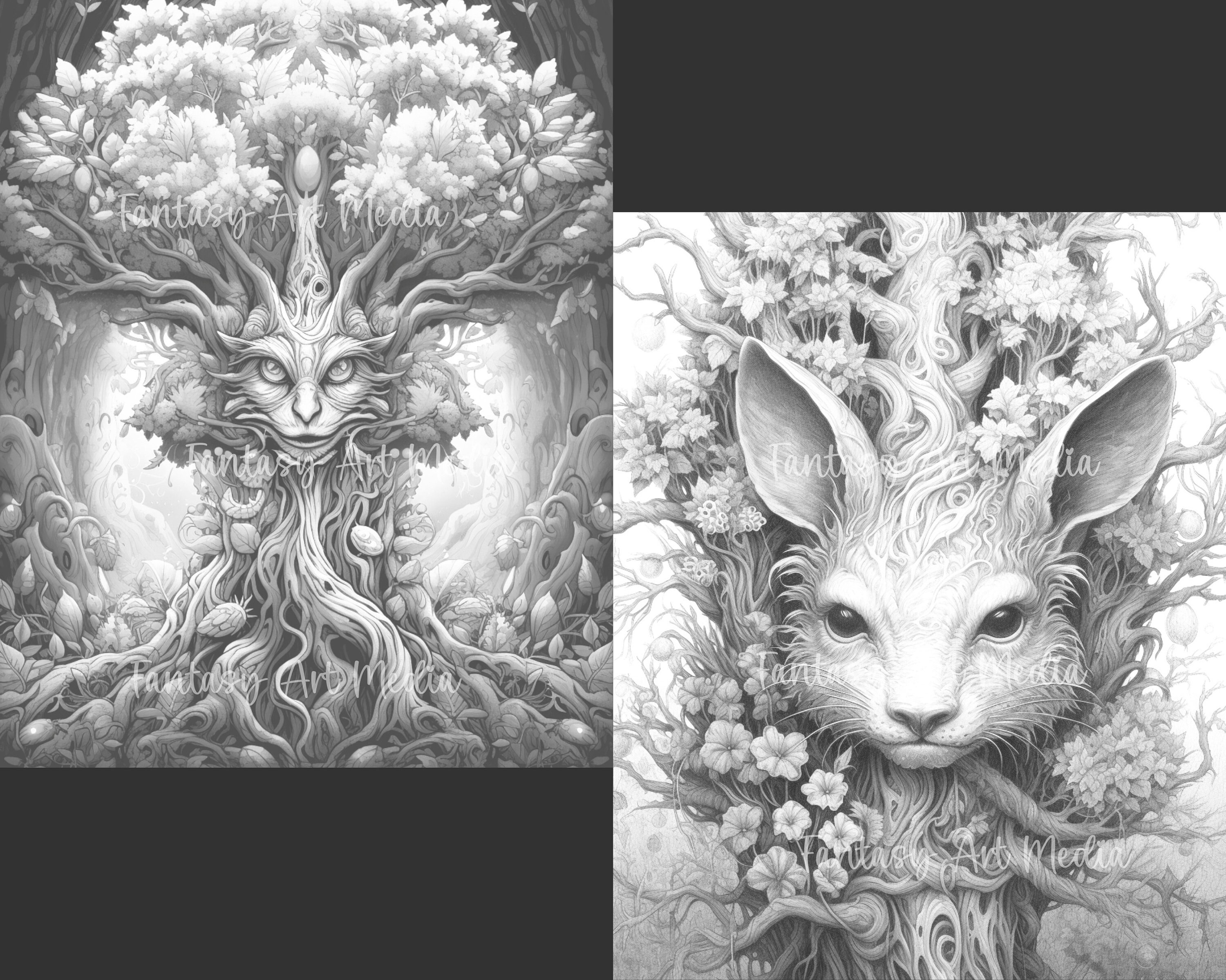 40 Fantasy Tree Creatures Coloring Pages | Printable Adult Grayscale ...
