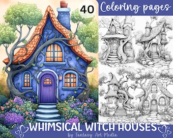 Whimsical Witch Houses Grayscale Coloring Pages, Printable Adult Halloween Book, Spooky Seasonal Instant Download Printable PDF/JPG files