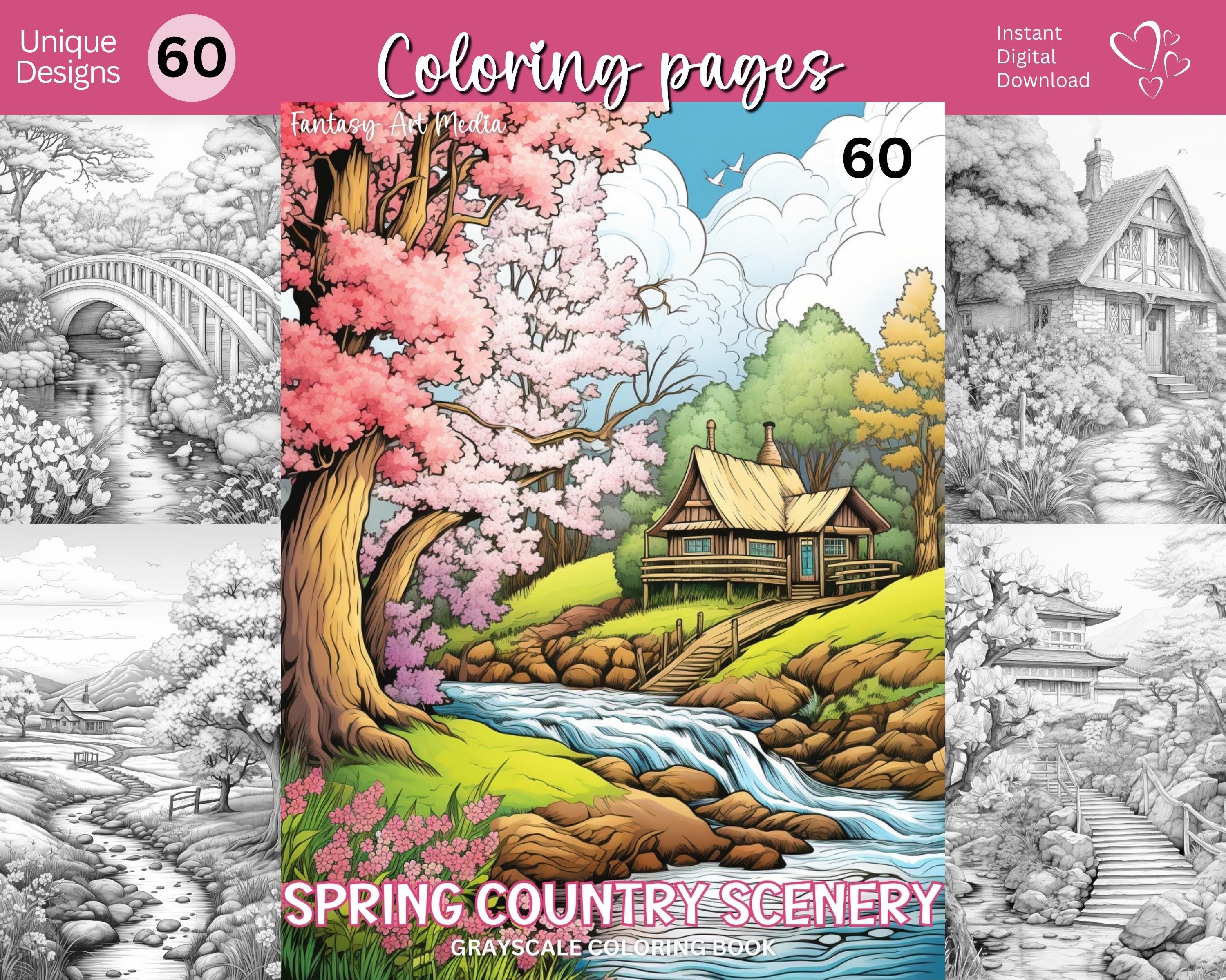 Spring Country Scenery Printable Adult Grayscale Coloring Pages ...