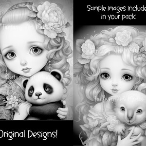 May include: Two black and white illustrations of girls with large eyes and flowers in their hair. Each girl is holding a small animal, one a panda and the other a koala. The text "Original Designs!" is at the bottom of the image.