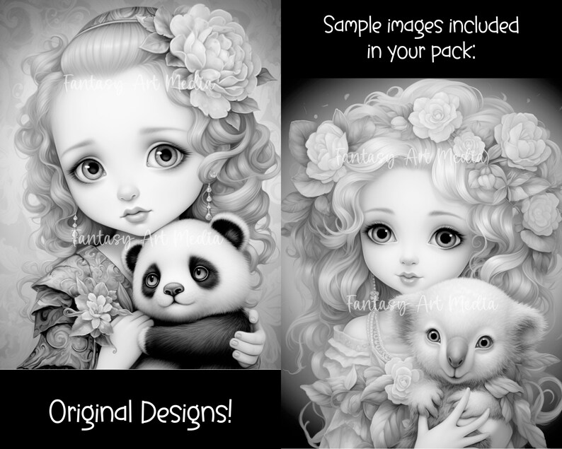 May include: Two black and white illustrations of girls with large eyes and flowers in their hair. Each girl is holding a small animal, one a panda and the other a koala. The text "Original Designs!" is at the bottom of the image.