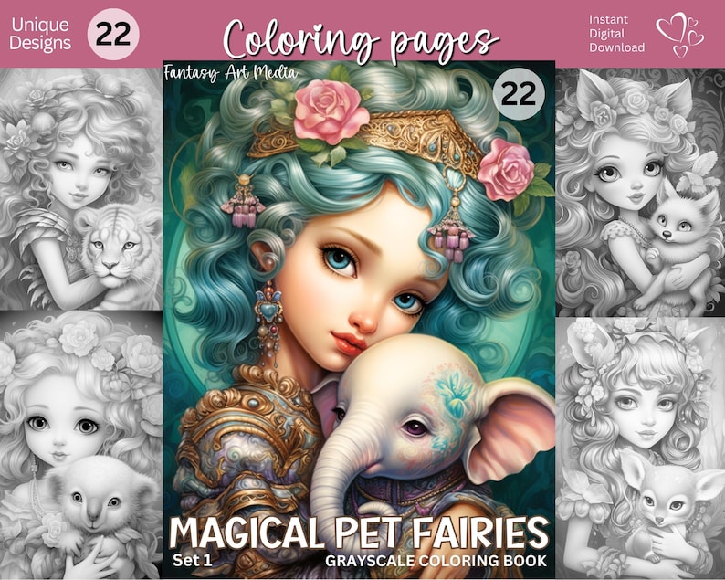 22 Magical Pet Fairies 1 Grayscale Coloring Pages- Color images included! Fantasy Animal Printable Fairy Book, Instant Download JPG/PDF file image 1