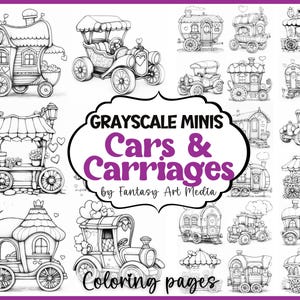 May include: A grayscale image of cars and carriages, ideal for colouring. The image includes a variety of vehicles, from vintage cars to whimsical carriages, with the text "Grayscale Minis Cars & Carriages Coloring pages".