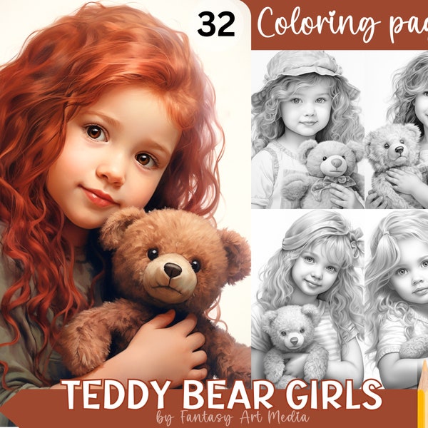 32 Teddy Bear Girls Coloring Pages, Printable Adult Grayscale Cute Little Kids Book, Instant Download Printable PDF/JPG