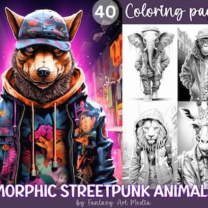 May include: A set of 40 coloring pages featuring street punk animals. The cover image shows a wolf wearing a blue and orange jacket and a baseball cap. The other animals include an elephant, a gorilla, a lion, and a giraffe.