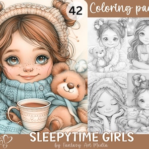 Könnte beinhalten: Ein Malbuch mit 42 Seiten mit Illustrationen von Mädchen in verschiedenen Schlafenszeit-Szenen. Das Cover zeigt ein Mädchen mit braunen Haaren, das einen blauen Pullover und eine Strickmütze trägt, eine Tasse heiße Schokolade und einen Teddybär hält. Der Text "Sleepytime Girls by Fantasy Art Media" befindet sich am unteren Rand des Covers.