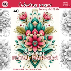 Può includere: Copertina di libro da colorare digitale in scala di grigi con disegni di mandala floreali. La copertina include il testo "Stunning Floral Mandalas" e "Grayscale Coloring Book". Il design incorpora elementi floreali rosa, verde acqua e oro.