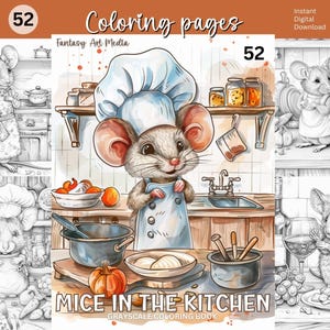 Mice in the Kitchen Grayscale Coloring Pages, Adults & Children Printable Pet Mouse Animal Book, Instant Download Printable PDF/JPG files