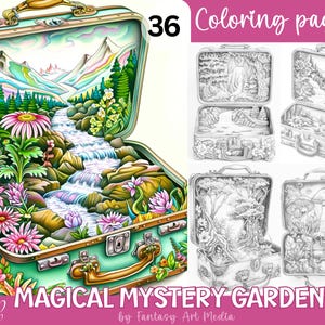 Magical Mystery Gardens Coloring Pages, Printable Grayscale Adult Floral Cases Flowers Suitcase Book, Instant Download Printable PDF/JPG