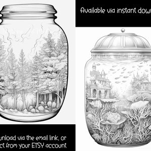 Puede incluir: Dos ilustraciones en blanco y negro de frascos de vidrio. El primer frasco contiene una escena de bosque con &aacute;rboles y un suelo rocoso. El segundo frasco contiene una escena de un castillo submarino con coral y peces. El texto "Available via instant download" est&aacute; en la parte superior de la imagen. El texto "Download via the email link, or direct from your ETSY account" est&aacute; en la parte inferior de la imagen.