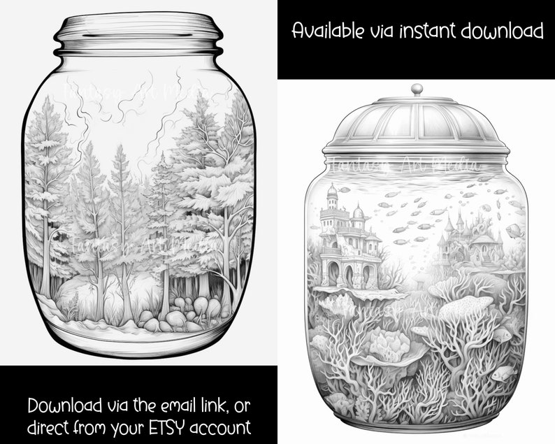 Puede incluir: Dos ilustraciones en blanco y negro de frascos de vidrio. El primer frasco contiene una escena de bosque con &aacute;rboles y un suelo rocoso. El segundo frasco contiene una escena de un castillo submarino con coral y peces. El texto "Available via instant download" est&aacute; en la parte superior de la imagen. El texto "Download via the email link, or direct from your ETSY account" est&aacute; en la parte inferior de la imagen.