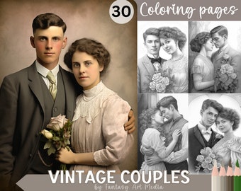 Vintage Couple Photographs 30 Grayscale Men & Women Coloring Pages | Printable Adult Coloring Book | Instant Download PDF / JPG file