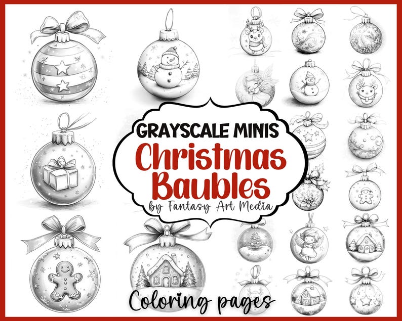 Grayscale Minis "christmas Baubles" Coloring Pages, Adult Small Advent ...