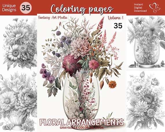 35 Beautiful Floral Arrangements Coloring Pages (Vol1) | Printable Adult Grayscale Coloring Book | Instant Download Printable PDF file