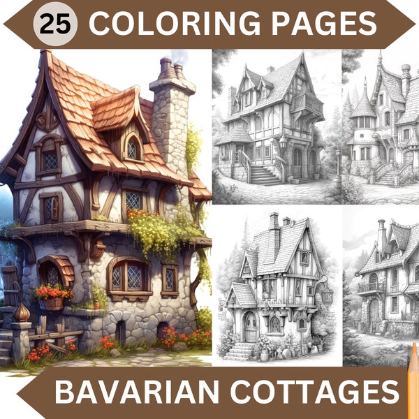 25 Bavarian Cottages Coloring Pages | Printable Adult Medieval German House Grayscale | Instant Download Book Printable PDF/JPG file