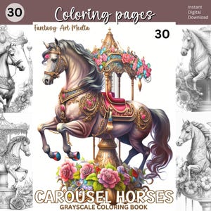 32 Carousel Horses Grayscale Coloring Pages | Printable Adult Coloring Book | Instant Download Printable PDF/JPG files