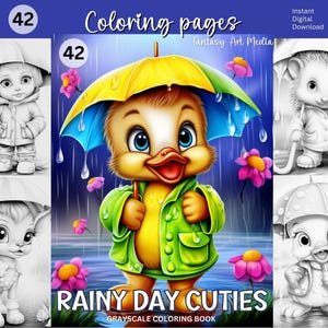 Rainy Day Cuties Grayscale Coloring Pages, Adult & Kids Printable Cute Animals with Umbrellas Duck Frog Book, Instant Download PDF/JPG files
