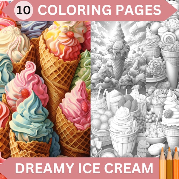 10 Dreamy Ice Creams Grayscale Coloring Pages | Printable Adult Sweets Coloring Book | Instant Download Printable PDF/JPG files