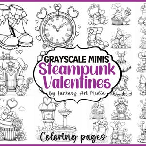 Páginas para colorear en escala de grises de Steampunk Valentines Minis, libro para colorear de amor pequeño e imprimible para adultos, descarga instantánea en formato PDF/JPG diminuto e imprimible