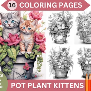 Op de afbeelding: 16 kleurplaten met schattige kittens in bloempotten. De kittens staan in verschillende poses, sommige zitten, sommige staan en sommige kijken naar de kijker. De bloemen staan in volle bloei en de potten zijn versierd met ingewikkelde details. De kleurplaten zijn perfect voor kinderen van alle leeftijden die van katten en bloemen houden. Bonus: 6 kleurplaten inbegrepen!