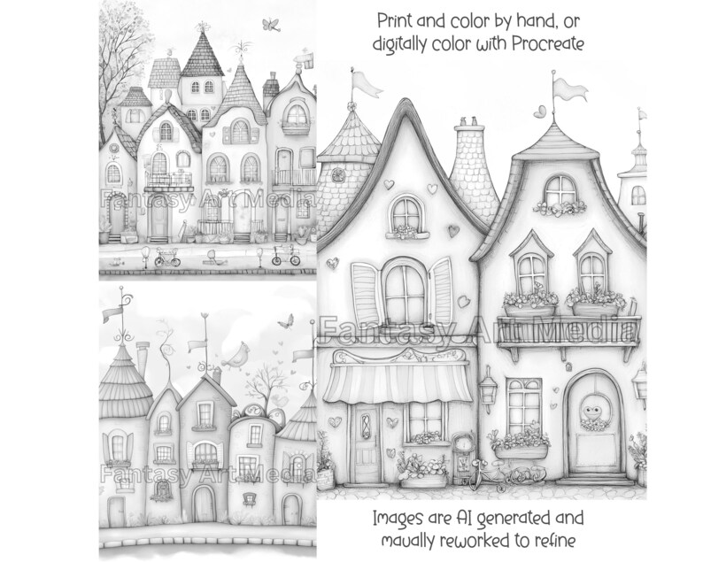 Grayscale Coloring Pages Quirky Fun Townhouses Whimsical Printable ...