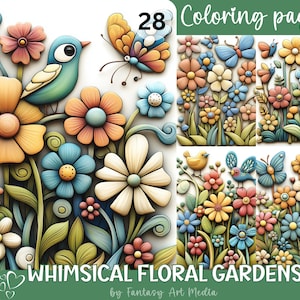 May include: 28 coloring pages featuring whimsical floral gardens with colorful flowers, butterflies, and birds. The text "Whimsical Floral Gardens by Fantasy Art Media" is at the bottom of the image.