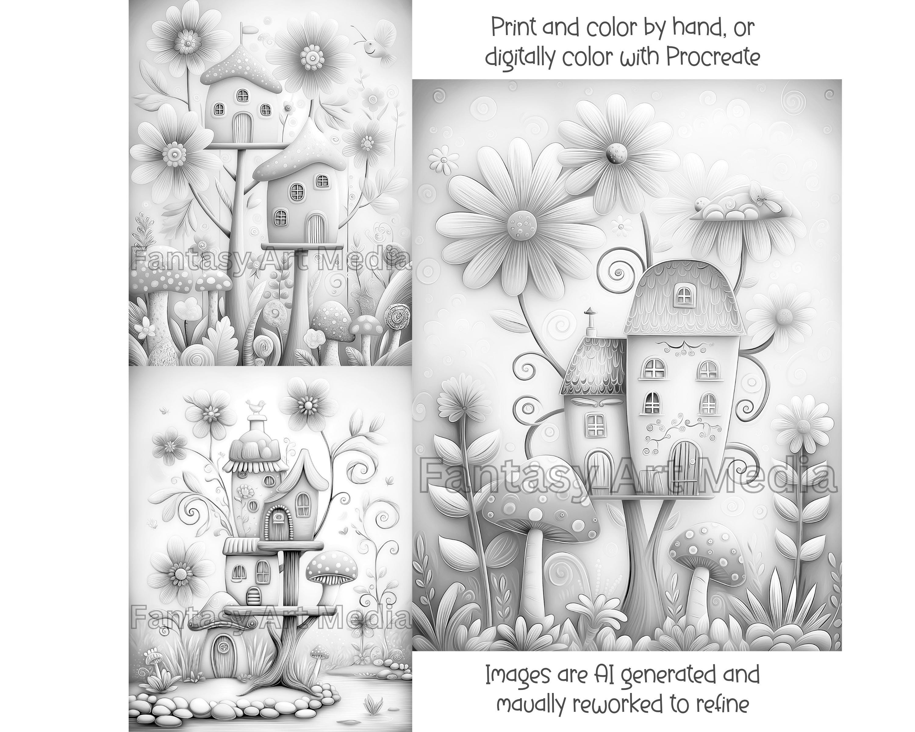 Grayscale Coloring Pages Fantasy Fun Treehouses Whimsical Printable ...
