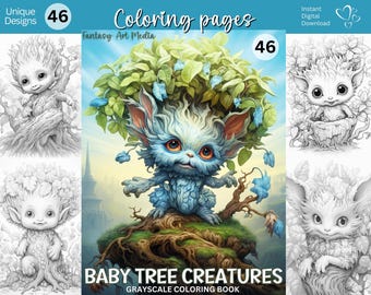 Baby Tree Creatures Fantasy Coloring Pages, Printable Adult Grayscale Nature Animals Book, Instant Digital Download, Printable PDF/JPG files