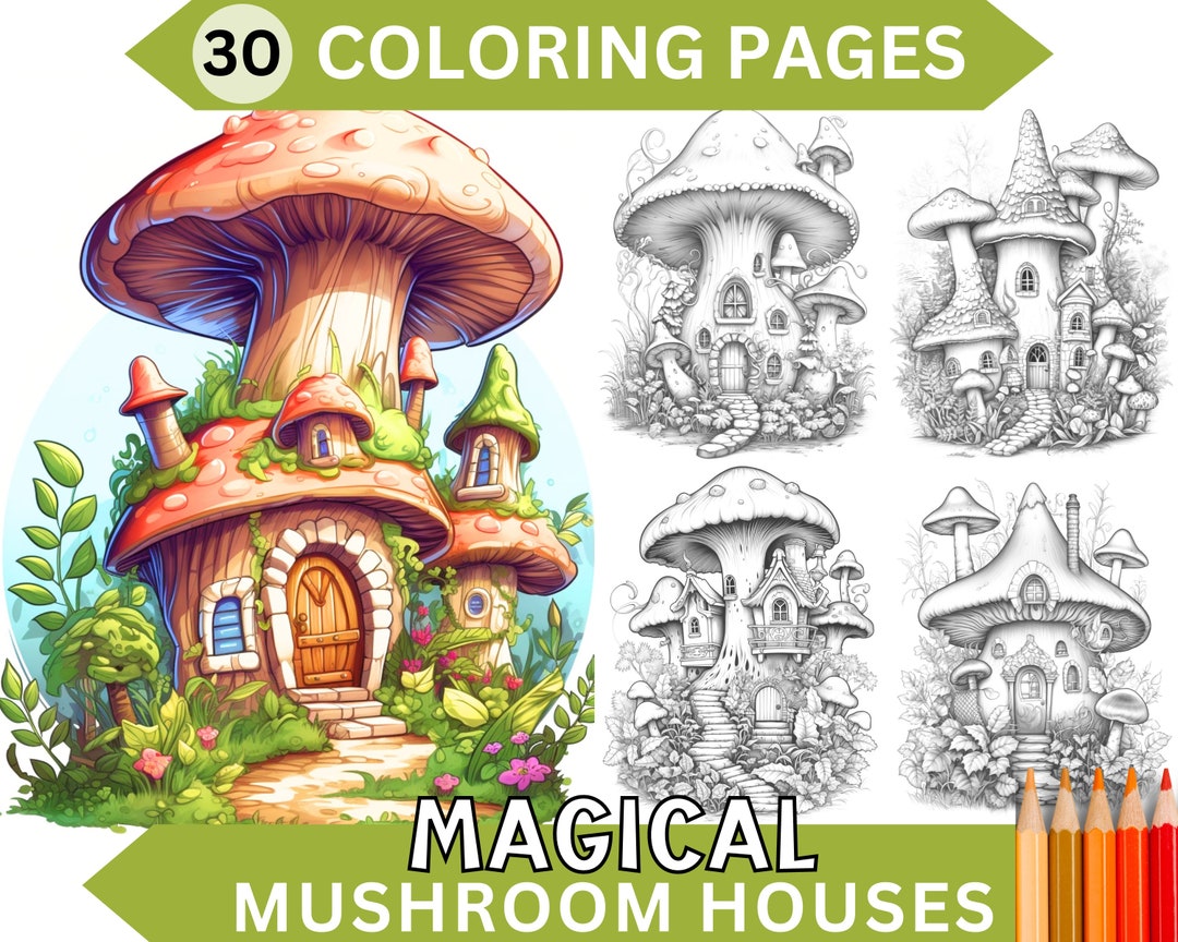 30 Magical Mushroom Houses Coloring Pages | Printable Adult Grayscale ...