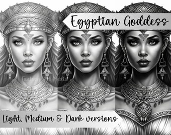 Egyptian Goddess Grayscale Adult Coloring Page | Light, Medium & Dark versions  | Instant Download Printable PDF (V1)