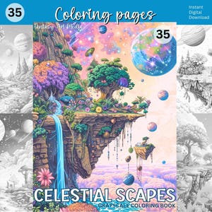 Celestial Scapes Malseiten, druckbare Erwachsene Graustufen Fantasy Landschaften Malbuch, sofortiger Download druckbare PDF / JPG-Datei