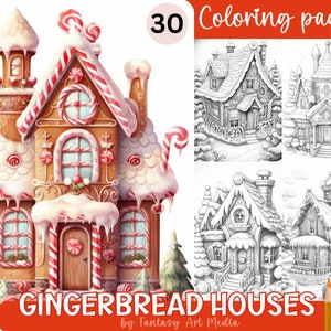 Gingerbread Houses Christmas Coloring Pages, 30 Printable Adult Grayscale Xmas Colouring Book, Instant Download Printable PDF/JPG files