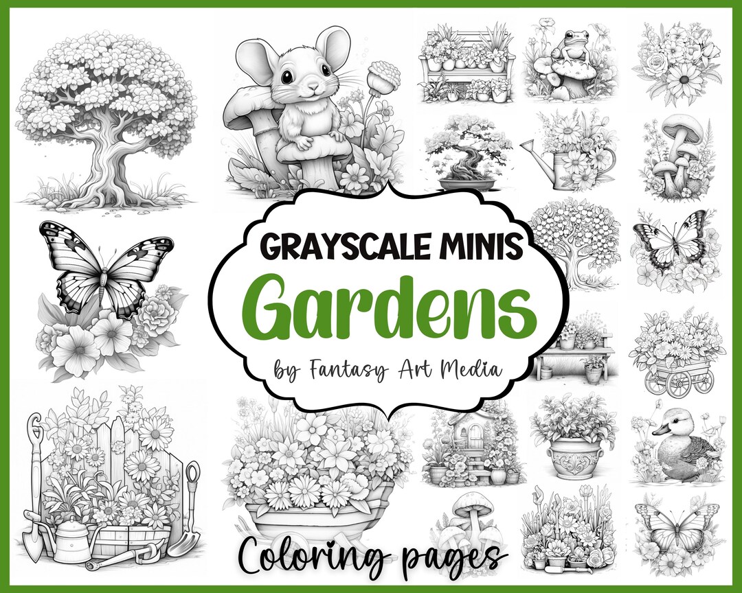Grayscale Minis "gardens" Coloring Pages, Printable Adult Small Colouring Book, Instant Download ...