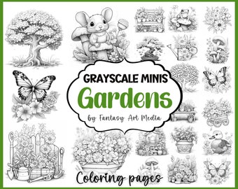 Grayscale Minis "Gardens" Coloring Pages, Printable Adult Small Colouring Book, Instant Download Tiny Nature Flowers Printable PDF/JPG files