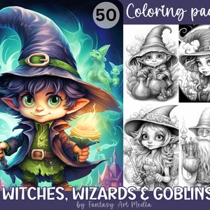 Witches, Wizards, Goblins - 50 Cute & Spooky Halloween Grayscale Adult Seasonal Coloring Pages, Instant Download Printable PDF/JPG file Book