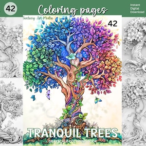 Tranquil Trees Coloring Pages, 42 Printable Adult Fantasy Grayscale Nature / Flowers Coloring Book, Instant Download Printable PDF/JPG file